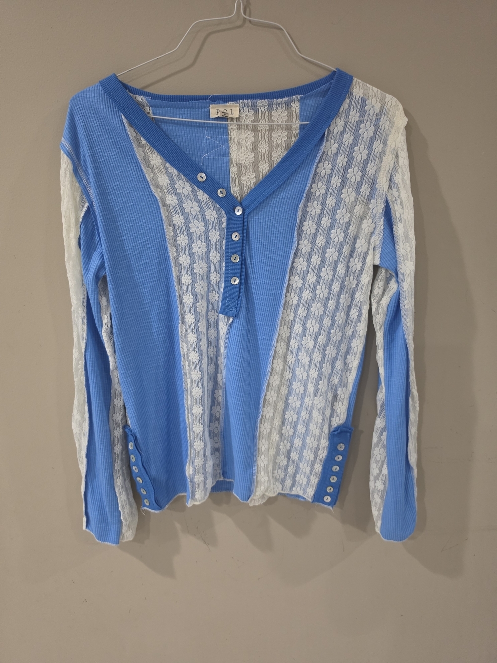 POL Blue White Floral Lace Patchwork Henley Top Size Large